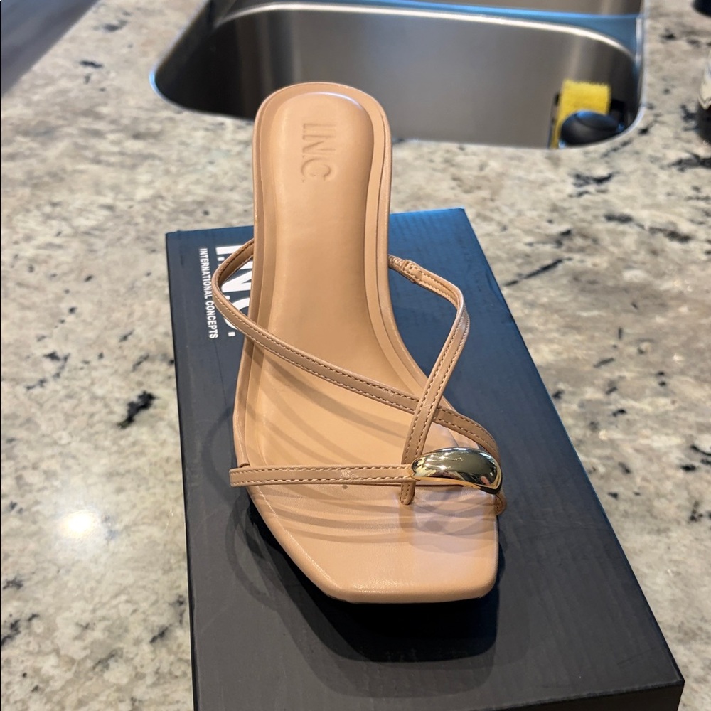 INC International Concepts Nude Tan Strappy Slide Sandal with Gold Accent